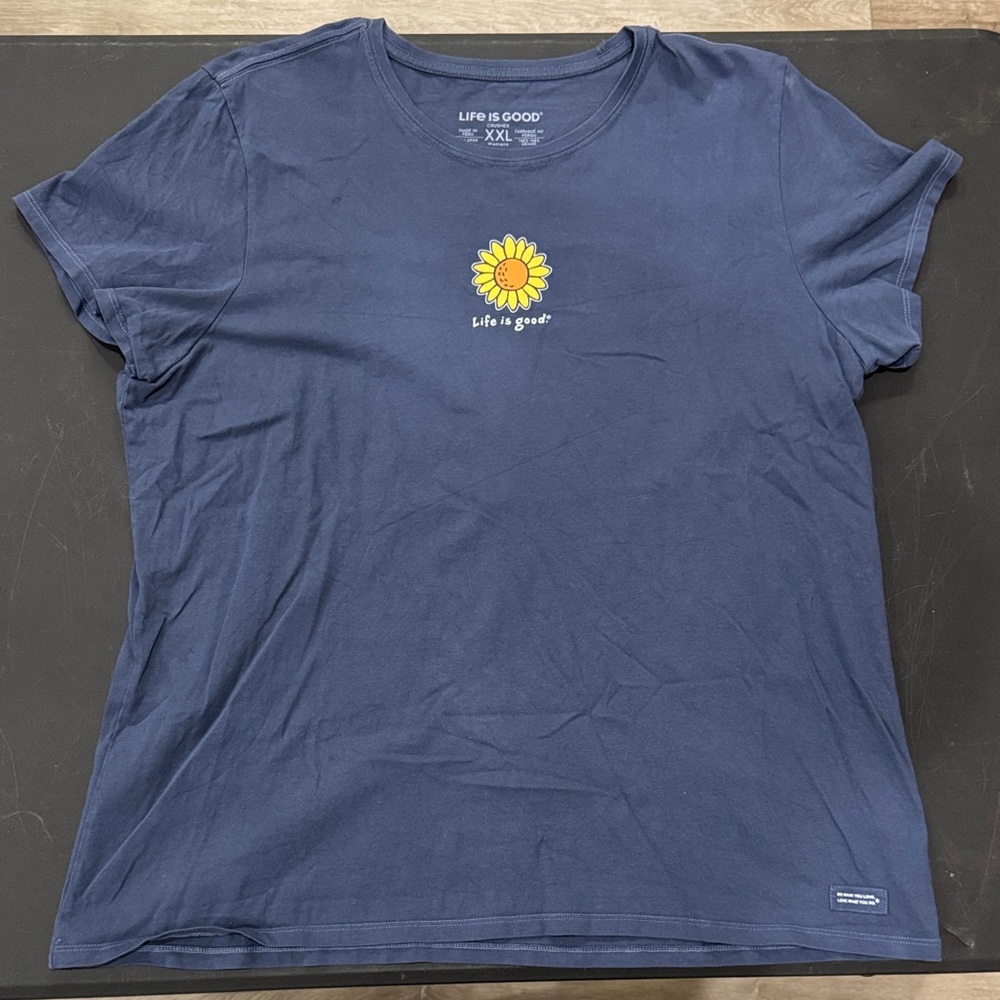 Life Is Good Blue Tee with Sunflower Design